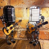 Utoimkio Vintage Microphone Guitar Robot Lamp Cool Cute Retro Metal Mini Size Night Light Table Lamp Adjustable Brightness For