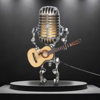 Utoimkio Vintage Microphone Guitar Robot Lamp Cool Cute Retro Metal Mini Size Night Light Table Lamp Adjustable Brightness For