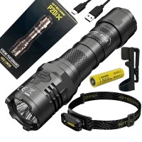 Combo: Nitecore P20Ix Rechargeable Led Flashlight - 4000 Lumen - W/Nitecore T360 Headlamp, Holster, Eco-Sensa Charging Cable And Battery Included