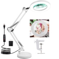 Magnifying Glass With Lihgt And Stand, Veemagni 8X Real Glass 2-In-1 Desk Lamp & Clamp, 3 Color Modes Stepless Dimmable, Led Lighted Magnifier With Light For Reading Crafts Repair Close Works - White