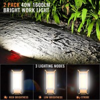 2 Pack 40W 1600Lm Led Work Light Rechargeable Portable Led Magnetic Flood Lights For Outdoor Camping Hiking Emergency Car Repai