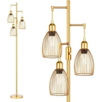 Dimmable Industrial Floor Lamps For Living Room, Gold Tree Standing Tall Lamps With 3 Elegant Teardrop Cage Head & 800 Lumens Led Bulbs For Bedroom Office