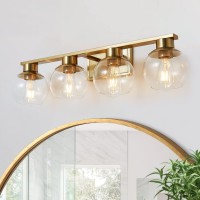 Pazala Brushed Brass Vanity Lights For Bathroom 4 Light 30 Inch Bathroom Light Fixtures Over Mirror Globe Glass Shade 16984