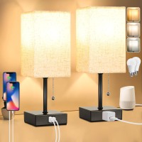 Table Lamps For Bedroom Set Of 2, Bedside Lamps With Usb Type C Charging Port Ac Outlet, 2700K 4000K 5000K, 3 Color Temperature Nightstand Lamp With Pull Chain For Living Room(Led Bulb Included)