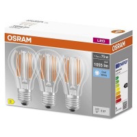 Osram Led Base Classic A75, Clear Filament Led Lamps Made Of Glass For E27 Base, Bulb Shape, Cool White (4000K), 1055 Lumen, Replaces Conventional 75W Bulbs, Box Of 3