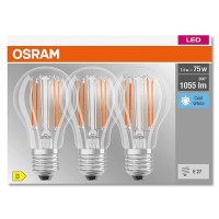 Osram Led Base Classic A75, Clear Filament Led Lamps Made Of Glass For E27 Base, Bulb Shape, Cool White (4000K), 1055 Lumen, Replaces Conventional 75W Bulbs, Box Of 3