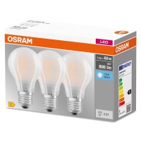 Osram Led Base Classic A60, Frosted Filament Led Lamps Made Of Glass For E27 Base, Bulb Shape, Cool White (4000K), 806 Lumen, Replaces Conventional 60W Light Bulbs, Box Of 3