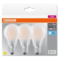 Osram Led Base Classic A75, Frosted Filament Led Lamps Made Of Glass For E27 Base, Bulb Shape, Cool White (4000K), 1055 Lumen, Replaces Conventional 75W Bulbs, Box Of 3