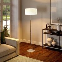 Henn&Hart 2-Light Floor Lamp With Fabric Shade In Rustic Oak/Polished Nickel/White, Floor Lamp For Home Office, Bedroom, Living Room