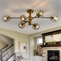 Hesoge Modern Semi Flush Mount Ceiling Light Fixture 6Light Sputnik Gold Chandelier With Glass Globe Mid Century Ceiling Lighti