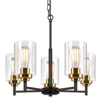 5Light Chandelier For Dinning Room Kitchen Island Modern Farmhouse Pendant Lighting With Clear Glass Shades Industrial Black Ha