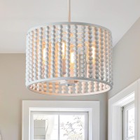 Tewei Wood Beaded Chandelier Boho Farmhouse Light Fixture With E26 Base Semi Flush Mount Ceiling Light Fixtures (Milky White)