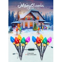 Christmas Lights Jumbo C9 Outdoor Lawn Decorations With Pathway Marker Stakes, 2 Pack 8.5 Feet String Lights Covered Jumbo Multicolored Light Bulb For Holiday Outside Yard Garden Decor, 10 Lights