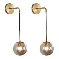 Bokt Mid Century Modern Wall Sconce Set Of Two Gold Wall Sconce Light Smoke Gray Glass Round Wall Lighting Fixture Set Of 2 Brushed Brass Minimalist Adjustable Bar Wall Lamp (Gold+Smoky Grey)