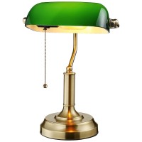 Torchstar Green Glass Bankers Desk Lamp, Ul Listed, Antique Desk Lamps With Brass Base, Traditional Library Lamp With Pull Chain, E26 Base, Vintage Desk Lamp For Office, Study Room