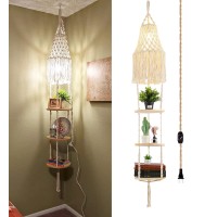 Qiyizm Boho Plug In Pendant Light,Hanging Light With Plug In Cord,Hanging Lamp Macrame Lamp Shade,Dimmable Switch,3 Tier Hanging Plant Shelf Shelves Bohemian Decor For Bedroom Living Room Corner