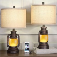 Aidenoey Lantern Table Lamp Set Of 2 With Nightlight Usb Ac Power Outlet Dark Bronze Linen Fabric Hardback Shade Home Decor For Living Room Bedroom House Bedside Nightstand Home Office Family