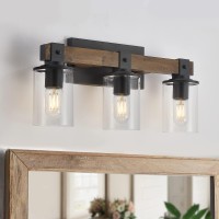 Drnanlit Wood Vanity Lights 3Light Farmhouse Bathroom Lighting Fixtures With Clear Glass Shade Industrial Vintage Rustic Wall L