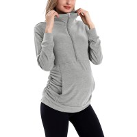 Ginkana Maternity Long Sleeve Shirts Casual Lapel Zipper Sweatshirt Lightweight Pullover Tops With Pockets,Heather Grey,S