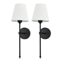 Bsmathom Wall Sconces Sets Of 2, Rustic Industrial Wall Lamps, Hardwired Column Stand Sconces Wall Lighting, Bathroom Vanity Light Fixture With Fabric Shade For Bedroom Living Room Kitchen, Black