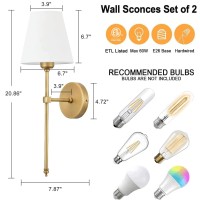 Bsmathom Wall Sconces Sets Of 2, Classic Brushed Brass Sconces Wall Lighting, Hardwired Bathroom Vanity Light Fixture With Fabric Shade For Bedroom Living Room Hallway Kitchen, Gold