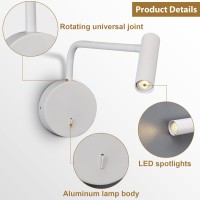 Zerouno Wall Mounted Reading Light For Bedroom Hardwired Sconce With Switch On/Off Modern 3000K Bedside Swing Arm Wall Lamp (White)