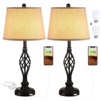 Usb Touch Table Lamps Vintage Bedside Lamp With Dual Usb Charging Port For Living Room Set Of 2, Kakanuo 3 Way Dimmable Traditional Nightstand Lamp With Spiral Cage Base For Bedroom(Led Bulb Included)