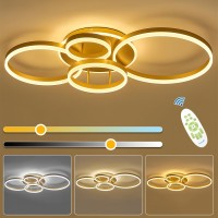 Xemqener Led Dimmable Ceiling Light With 5-Ring, Modern Creativity Chandelier With Remote Control, Flush Mount Ceiling Lamp For Living Room Bedroom Office Dining Room Balcony, Gold, 77W, 3000-6000K