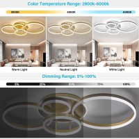 Xemqener Led Dimmable Ceiling Light With 5-Ring, Modern Creativity Chandelier With Remote Control, Flush Mount Ceiling Lamp For Living Room Bedroom Office Dining Room Balcony, Gold, 77W, 3000-6000K