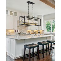 Vezzio Crystal Chandeliers For Dining Room, Rectangle 6-Light Modern Farmhouse Chandelier, Black Rectangular Chandelier Light Fixture For Kitchen Island(Ul Listed)