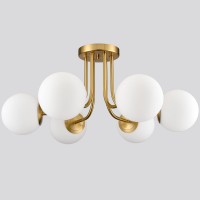 Shawnkey Modern Brushed Brass Gold 6Light Ceiling Light With Globe White Glass Shade Semi Flush Mount Light Fixture For Dinning