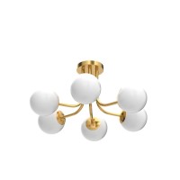 Shawnkey Modern Brushed Brass Gold 6Light Ceiling Light With Globe White Glass Shade Semi Flush Mount Light Fixture For Dinning