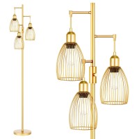 Dimmable Floor Lamp, 3 X 800Lm Led Edison Bulbs Included, Farmhouse Industrial Floor Lamp Standing Tree Lamp With Elegant Teardrop Cage Head Tall Lamp For Living Room Bedroom Office Dining Room - Gold