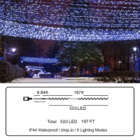 Knonew Outdoor Christmas Lights 500 Led 197Ft String Lights 8 Modes & Memory Fairy Light Plug In Waterproof Led String Lights For Xmas Yard Tree Wedding Party Holiday Decorations (White And Blue)