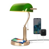 Firvre Bankers Lamp With2 Usb And Wireless Charging Port,Pull Chain Switch Green Glass Desk Lamp, E26 Base,Traditional Library Desk Lamps For Home Office,Bedroom,Piano