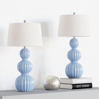 Maxax Set Of 2 Ceramic Table Lamps, 3-Way Dimmable Gourd Bedside Nightstand Lamps With White Shade For Bedroom, Living Room, Office, Blue Finish - 28 Inches