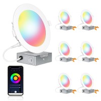 6 Inch Smart Wi-Fi Ultra Slim Led Recessed Lighting, Rgbw Color Changing Tunable White Led Downlight With Junction Box, 14W=100W, 1200Lm, Compatible With Alexa And Google Assistant - 6 Pack