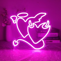 Pink Neon Sign Angel Demon Neon Signs Heart Neon Signs For Bedroom 14''X13 Acrylic Love Neon Sign Wedding Neon Light Sign For Wall Dcor Bar Living Room Valentine'S Day Girl Gift Christmas Party