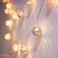 Moroccan String Lights Plug In 20 Led Globe Lights Silver Metal Balls For Wedding Party, Birthday, Christmas, Home Decor, Indoor Outdoor, 8 Functions, Timer, Unique Pattern, Connectable, 10 Ft