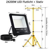 Uisebrt 2 X 200 W Cool White Led Floodlight With Tripod - Ip66 Waterproof Led Work Light For Indoor And Outdoor Use - Garage, Garden, Construction Site (2 X 100 W Cool White + Tripod)