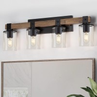 Dujahmland Farmhouse Vanity Light Fixture, Industrial 4-Light Wood Wall Sconce Bathroom Vanity Lighting With Clear Glass Lights Shade,For Hallway,Kitchen,Bedroom(Antique Wood, 4-Light)