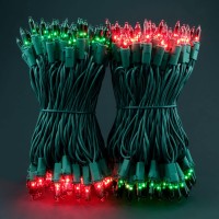 Yuletime Red & Green Christmas Lights With Green Wire, 66 Feet 200 Count Ul Certified String Lights, Pack Of 2 Sets 33 Ft 100 Count Incandescent Mini Light Set (Red & Green)