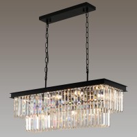 Weesalife Crystal Chandeliers For Dining Room 11-Light Black Modern Chandelier Rectangle Contemporary Pendant Light Fixture For Kitchen Island Bar