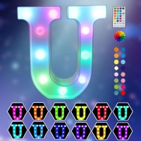 Light Up Colorful Led Marquee Letter Lights, 18 Colors Changing Alphabet Letters Sign With Remote Timer For Night Light Girls Bedroom Wedding Birthday Party Lamp Christmas Home Bar Decor- Colorful U