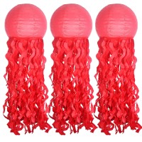 Jellyfish Paper Lantern Hanging Decoration, Uniideco Jelly Fish Mermaid Decor For Party, Under The Sea Mermaid Birthday Party Supplies, Ocean Theme Classroom Decorations (Red)