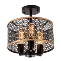 Plfann Vintage Semi Flush Mount Ceiling Light, 11.6 Inch, Retro Metal Mesh Drum Shade, Black Painted, 3Xe26 Socket, (No Bulb)