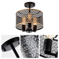 Plfann Vintage Semi Flush Mount Ceiling Light, 11.6 Inch, Retro Metal Mesh Drum Shade, Black Painted, 3Xe26 Socket, (No Bulb)