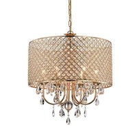 Edvivi Drum Crystal Chandelier 6 Lights Glam Lighting Fixture With Gold Finish, Hanging Tear Drop Crystals, Adjustable Hanging Dining Light For Entryway, Kitchen, Hallway, Living Room And Bedroom