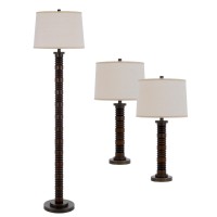 Grant a contemporary touch to your living space or bedroom with the inclusion of this amazing set of 3 floor lamps and table lamps It features a tubular turned wooden body with a linen fabric shade that requires 150watt power capacity each and incorporate