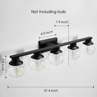 Pazala Matte Black Vanity Light For Bathroom 5 Lights Wall Light Fixture Over Mirror With Clear Glass Shade 37 Inch